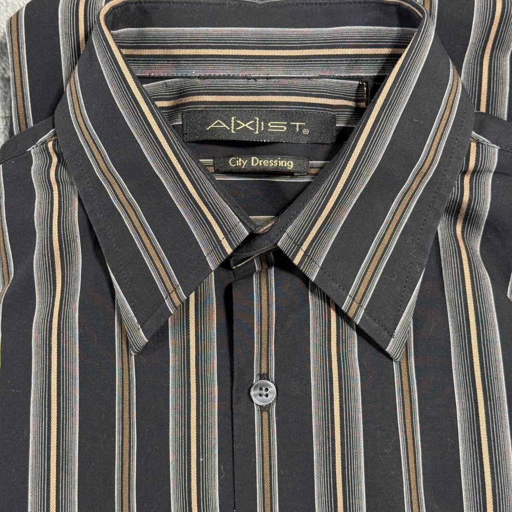 AXIST City Dressing Button Down Shirt Mens Medium Black Tan Striped Short Sleeve